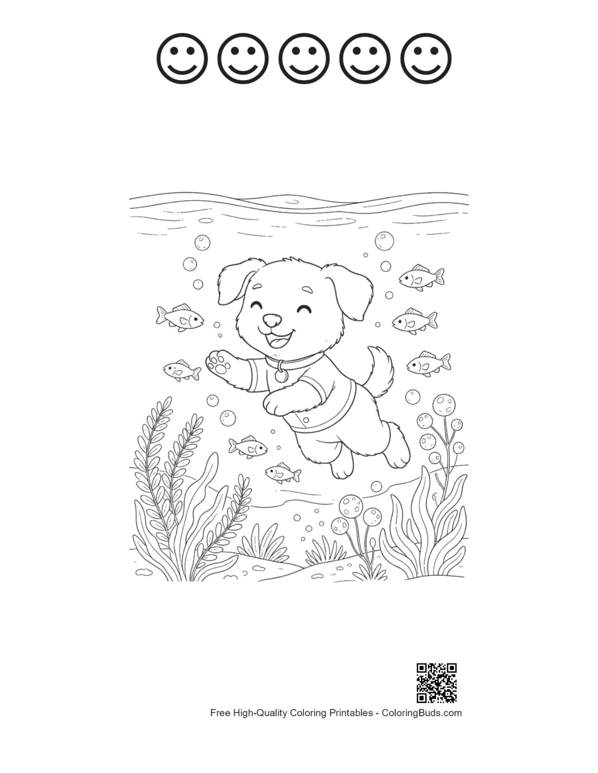 Cute puppy with 5 happy faces outline printable