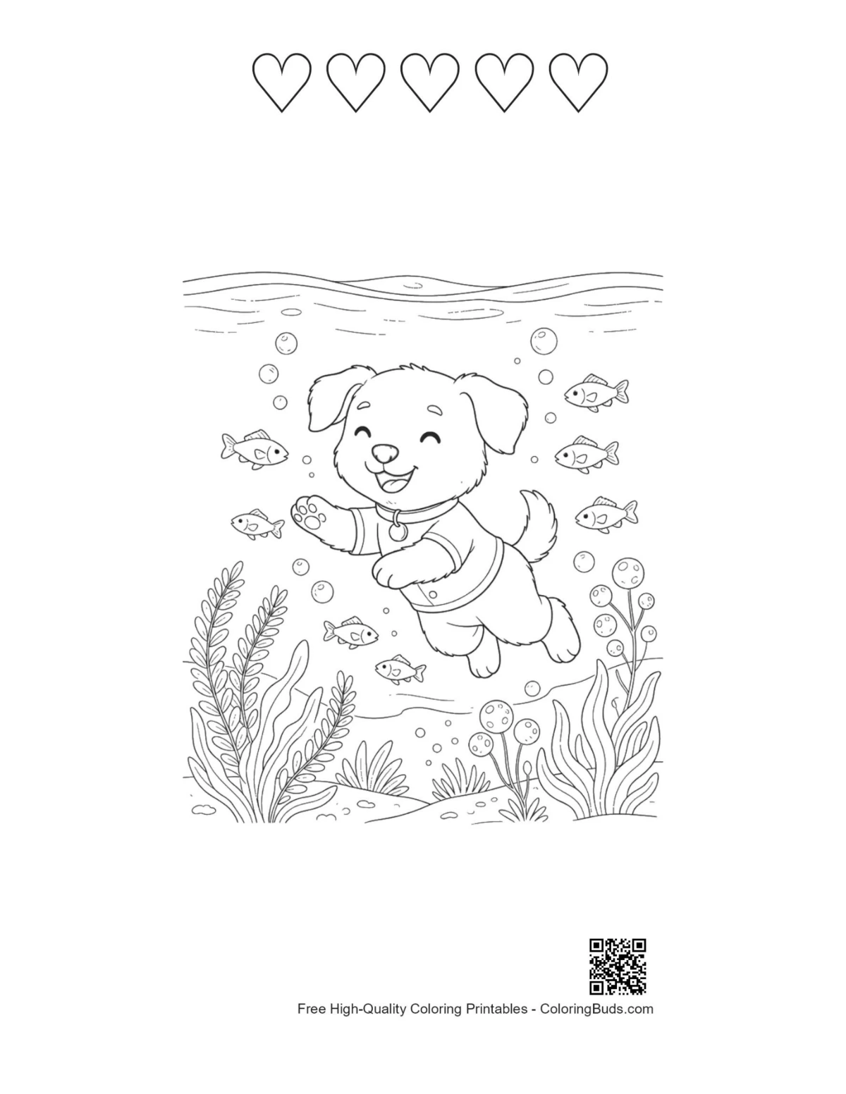 Puppy printable with 5 heart outlines design