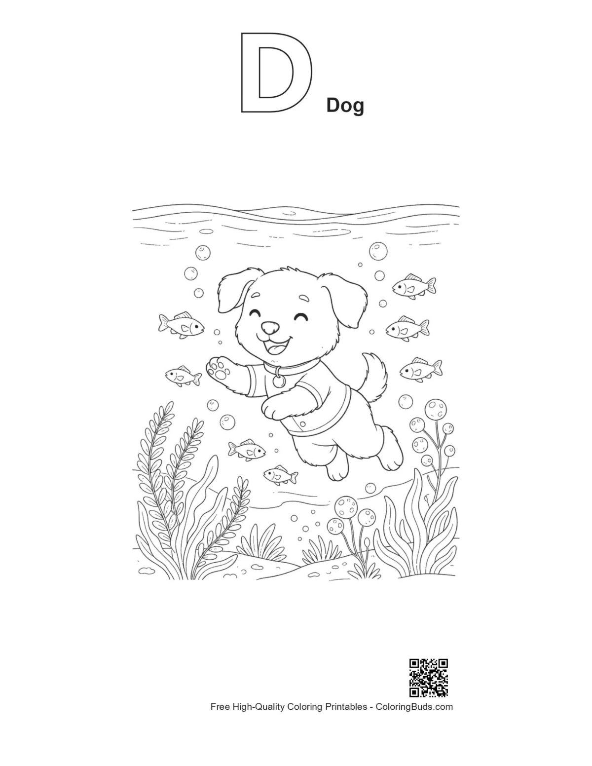 Alphabet D dog puppy printable outline page