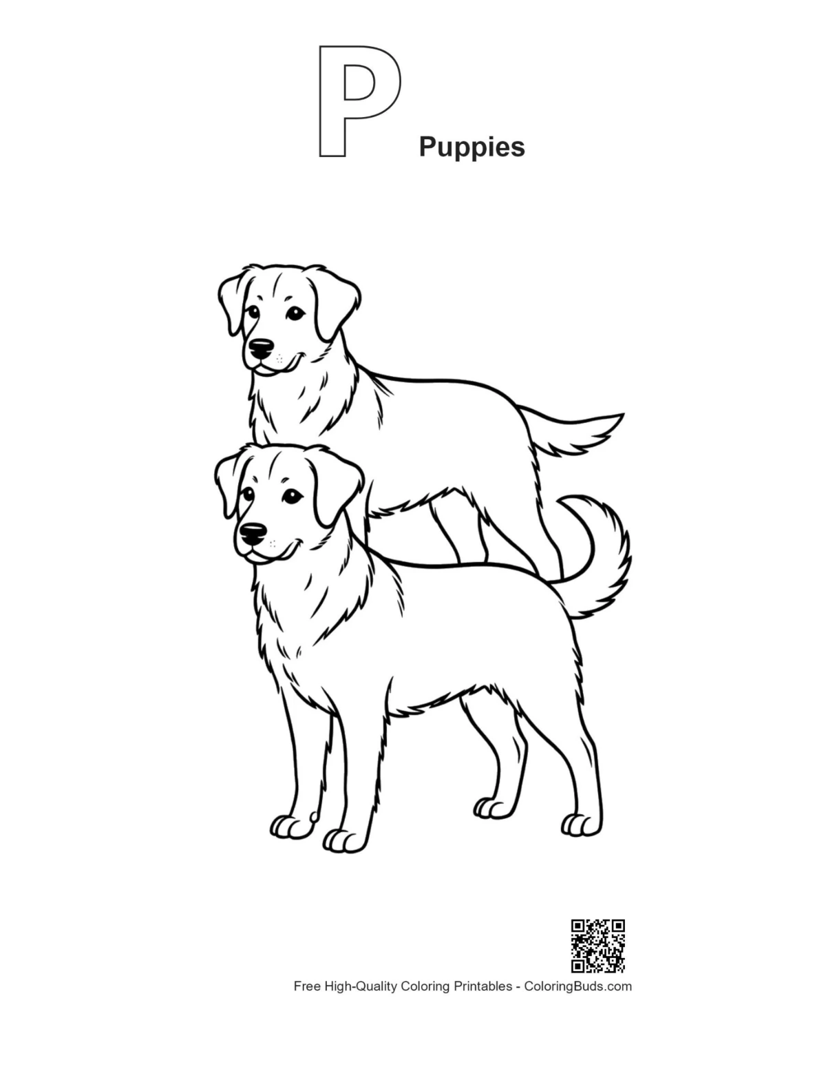 Stacked puppies outline with P alphabet printable