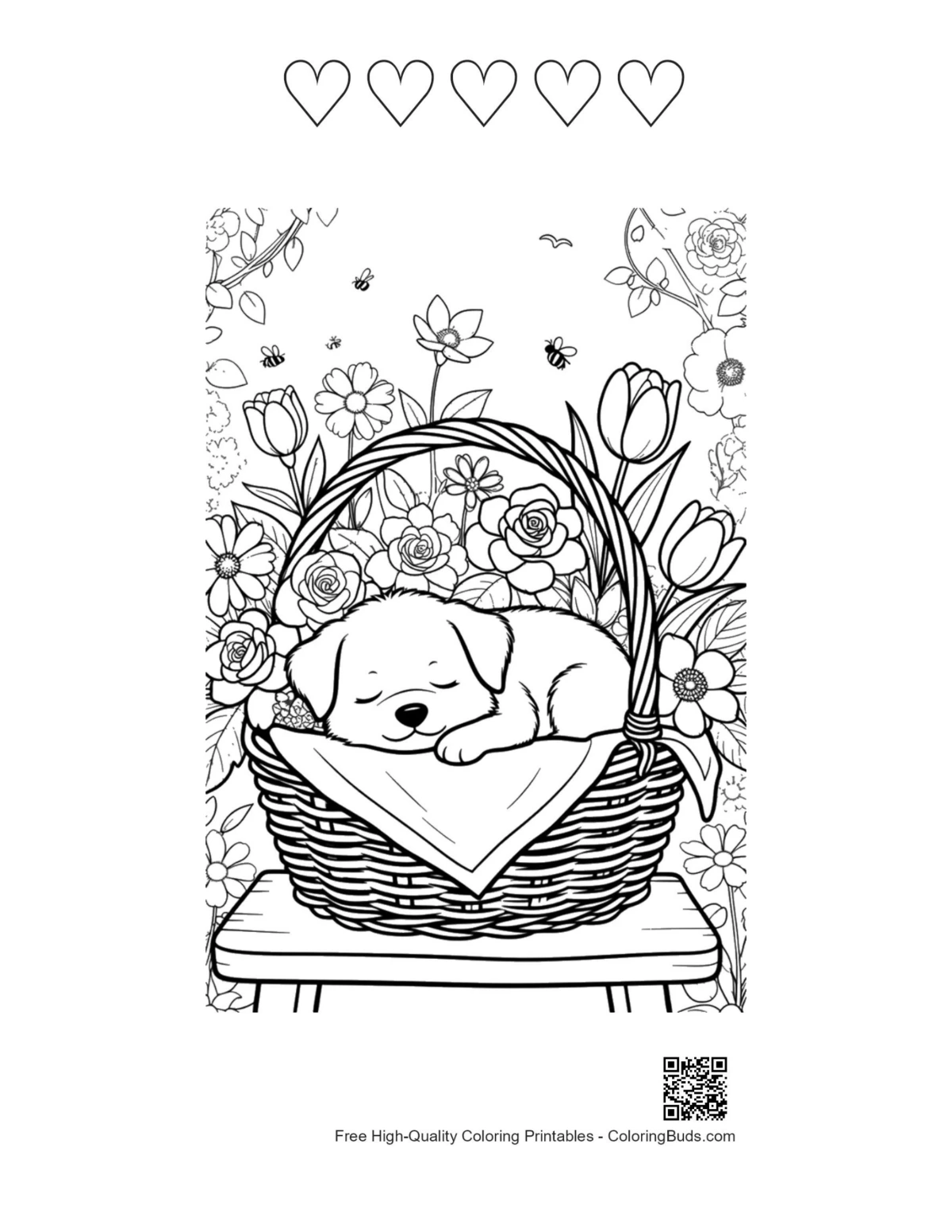 Sweet puppy basket printable 5 heart outlines