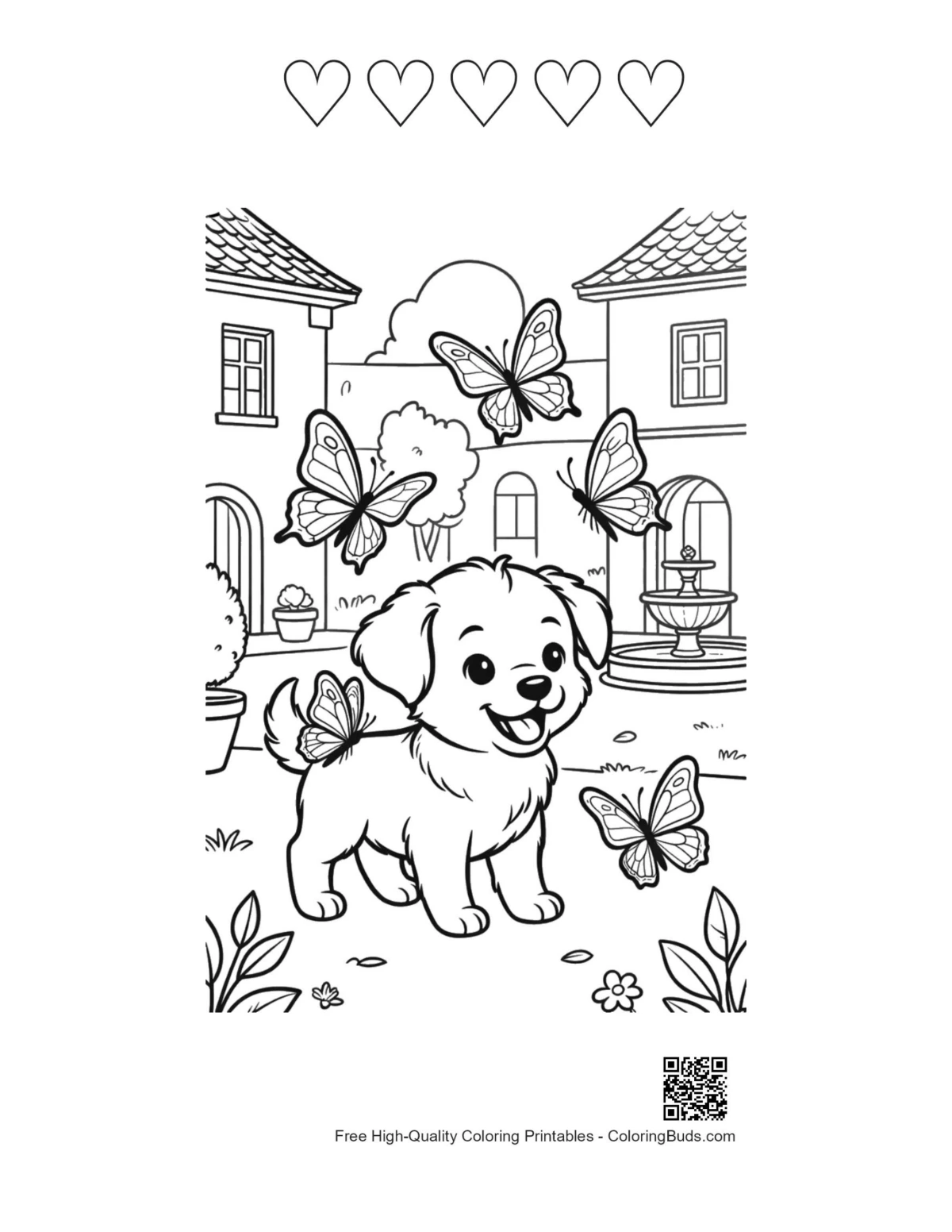 Puppy butterflies hearts outline printable page