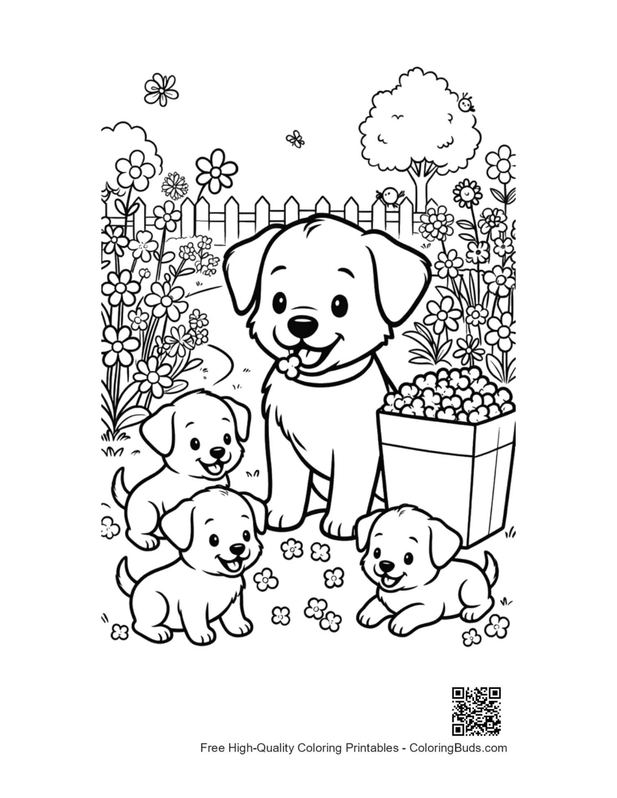 Cute puppy next to blooming flowers coloring printable
