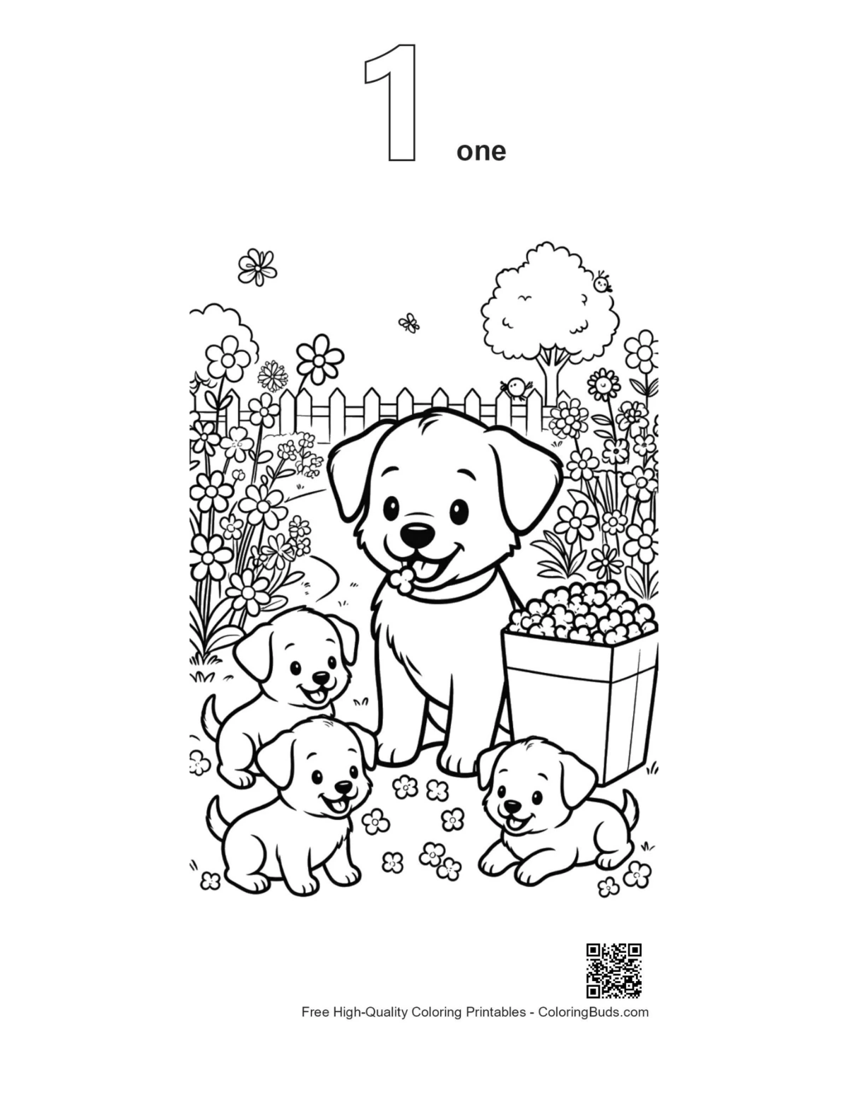 Puppy blooming flowers printable outline version 1