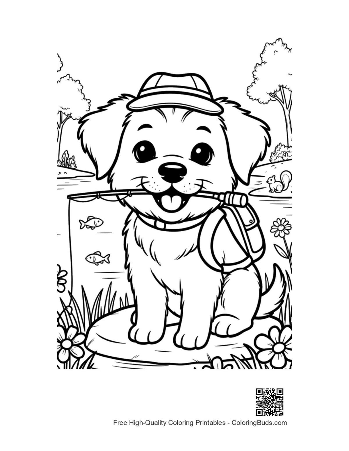 Sweet puppy with backpack in countryside coloring page