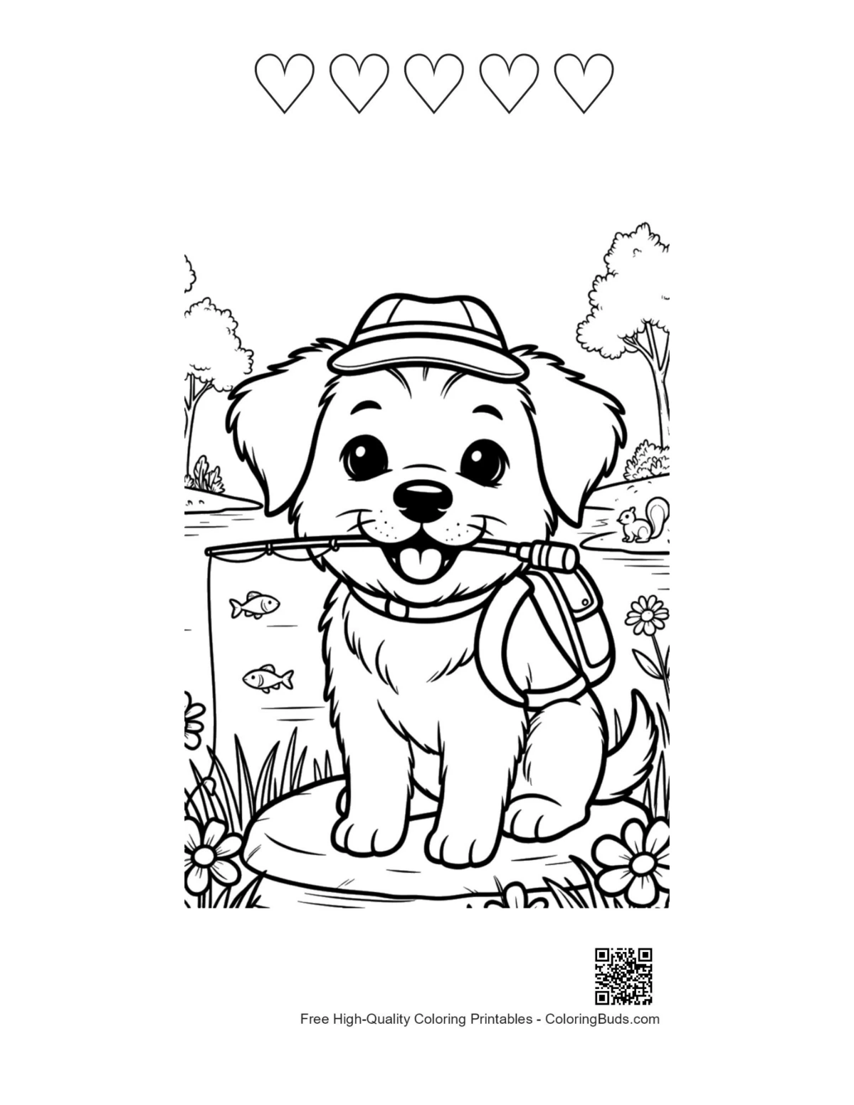 Sweet puppy with backpack and 5 hearts coloring page