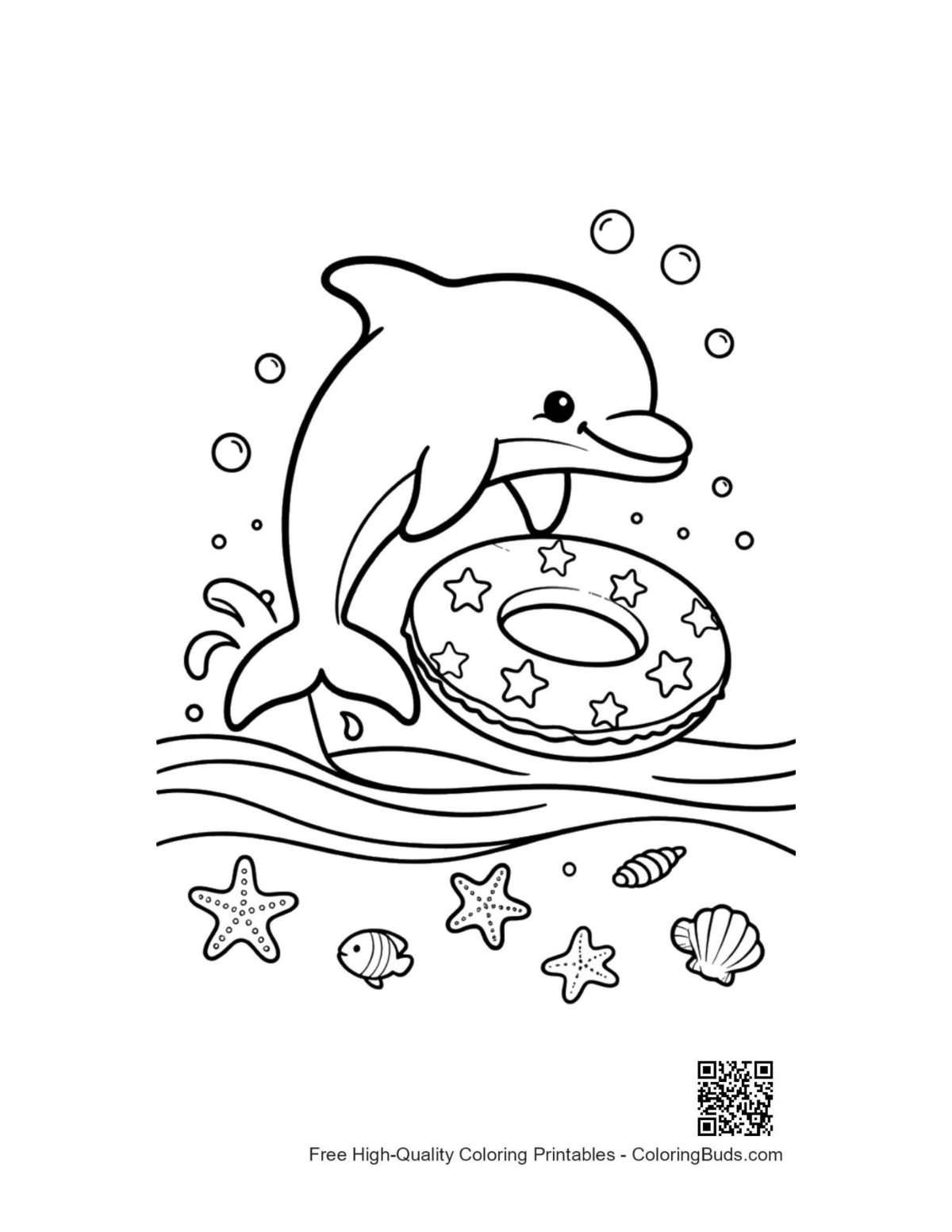 Adorable dolphin playing with floating ring underwater coloring page