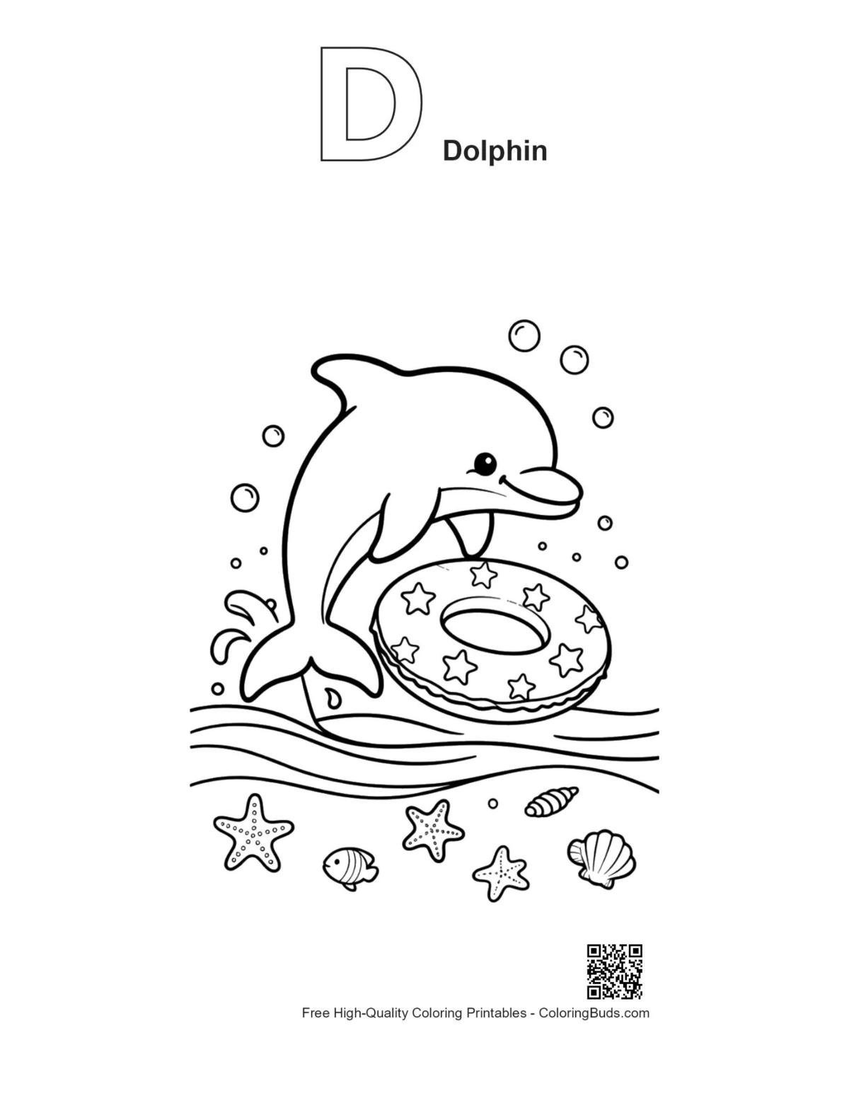 Dolphin coloring page outline with alphabet D and ring