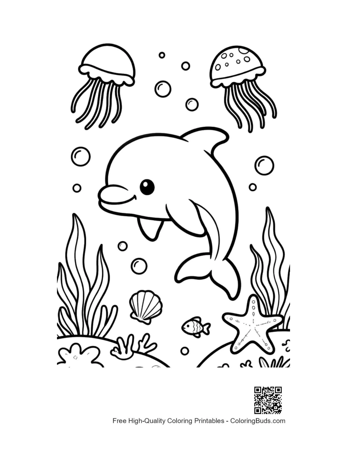 Cheerful jumping dolphin over jellyfish deep sea printable