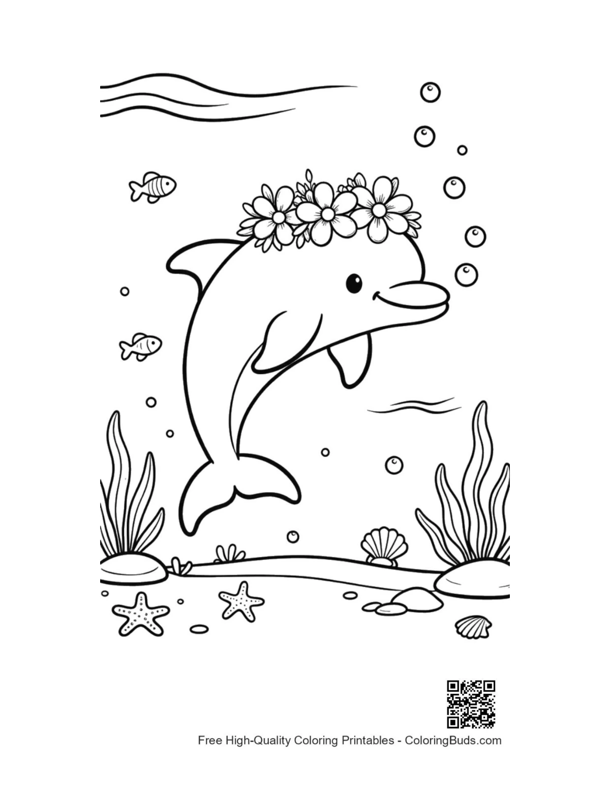 Cute dolphin sea life coloring page printable