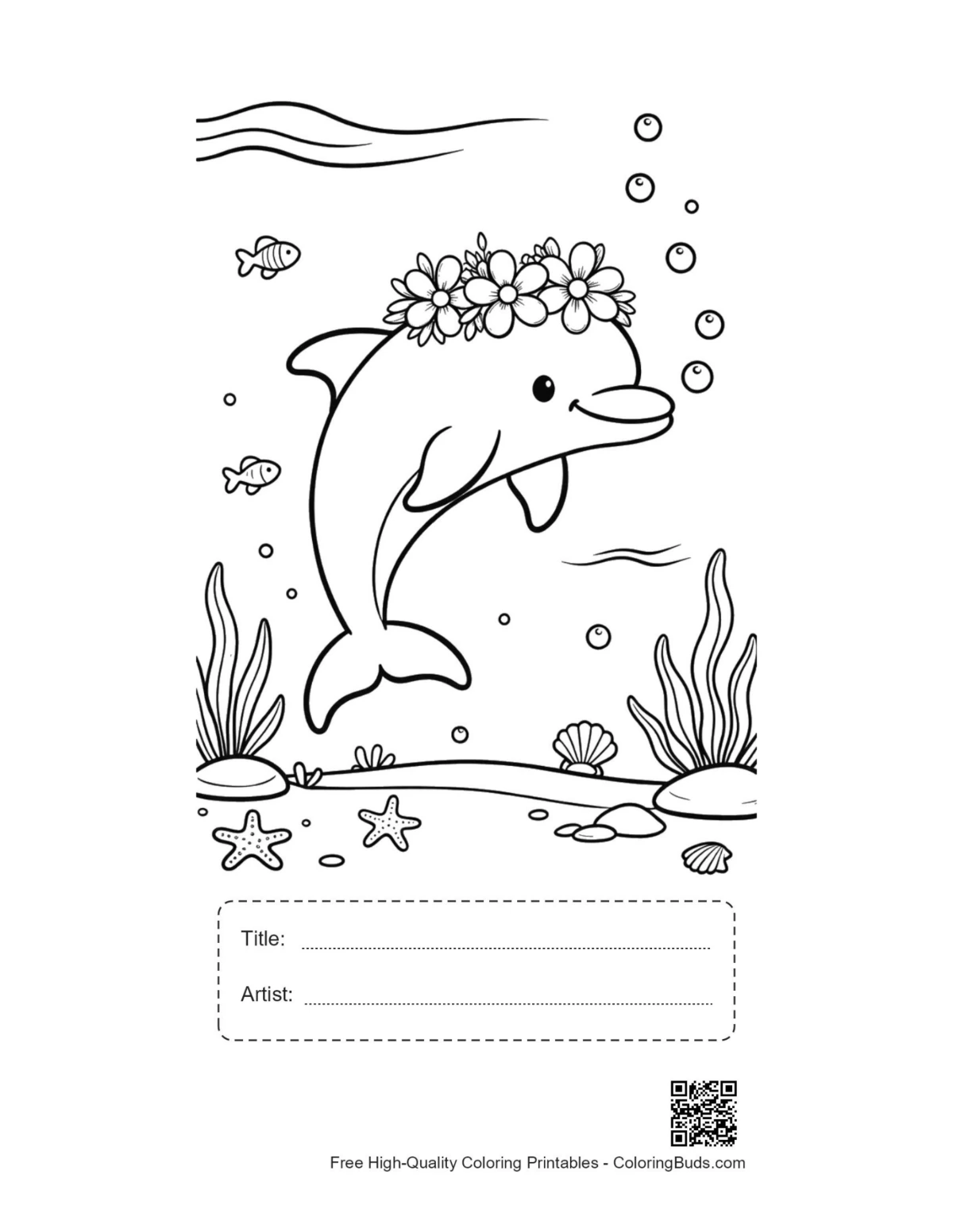 Cute dolphin coloring printable with title artist box