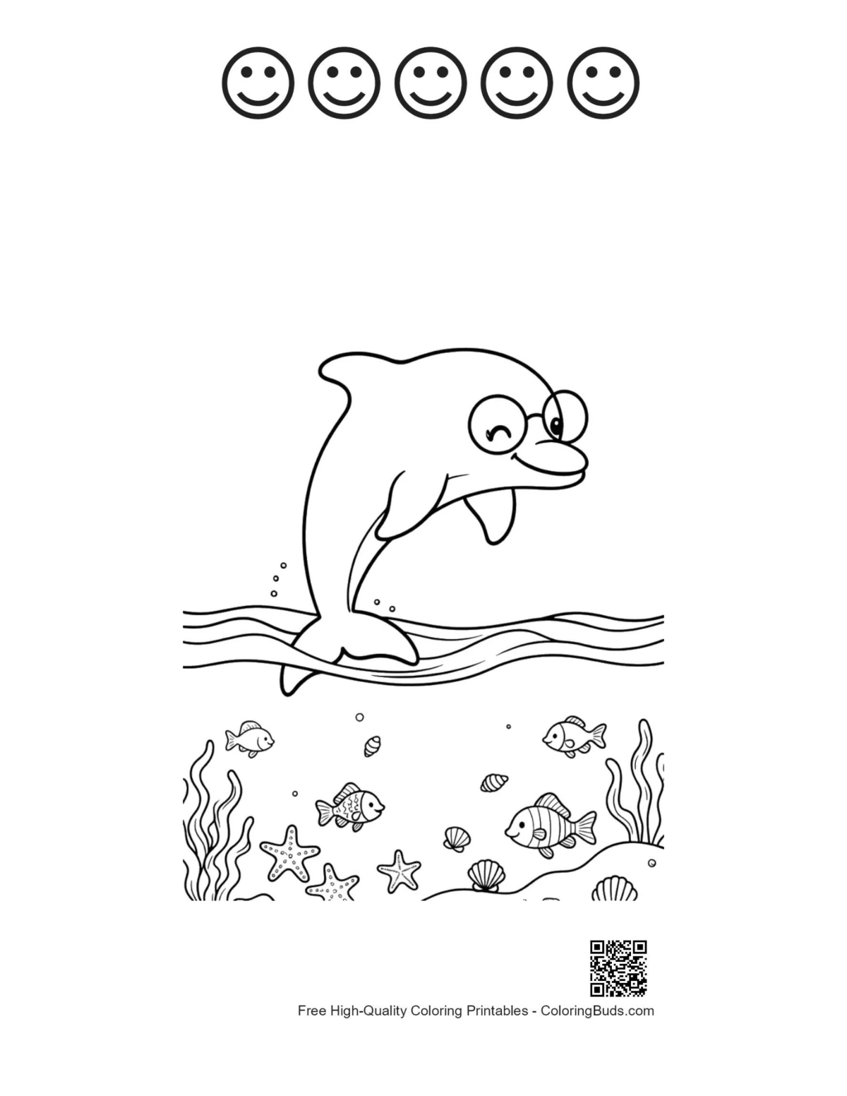 Cute dolphin with 5 happy face outlines printable