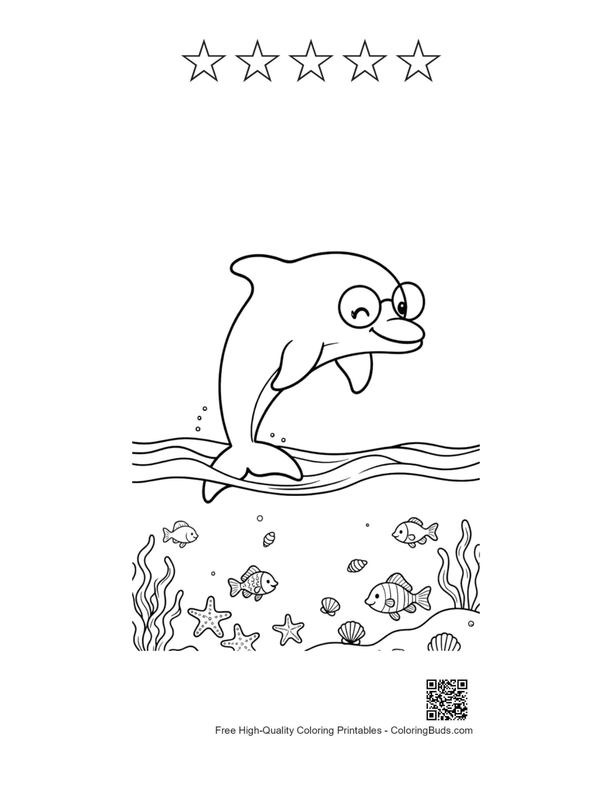 Cute dolphin printable with 5 star outlines
