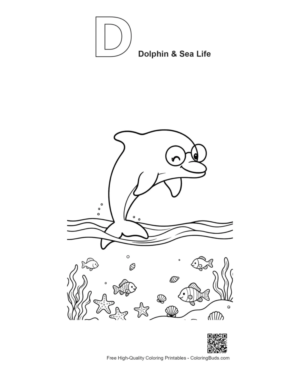 Dolphin outline alphabet D sea life coloring page