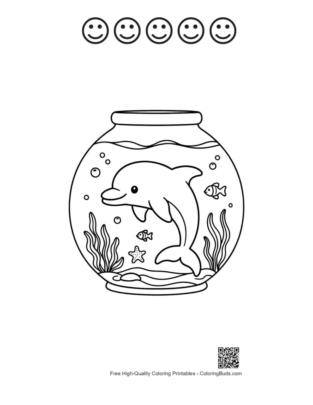 Dolphin printable with 5 happy faces outlines