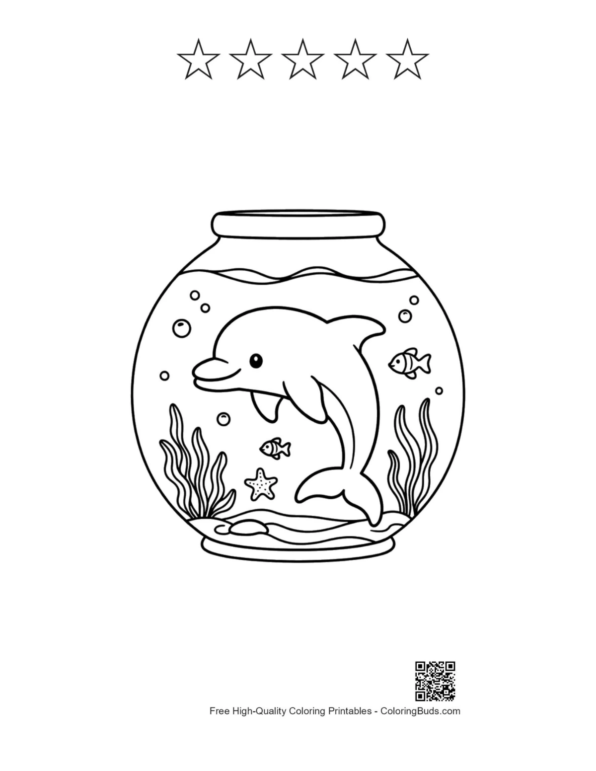 Cute dolphin fishbowl with 5-star outline printable