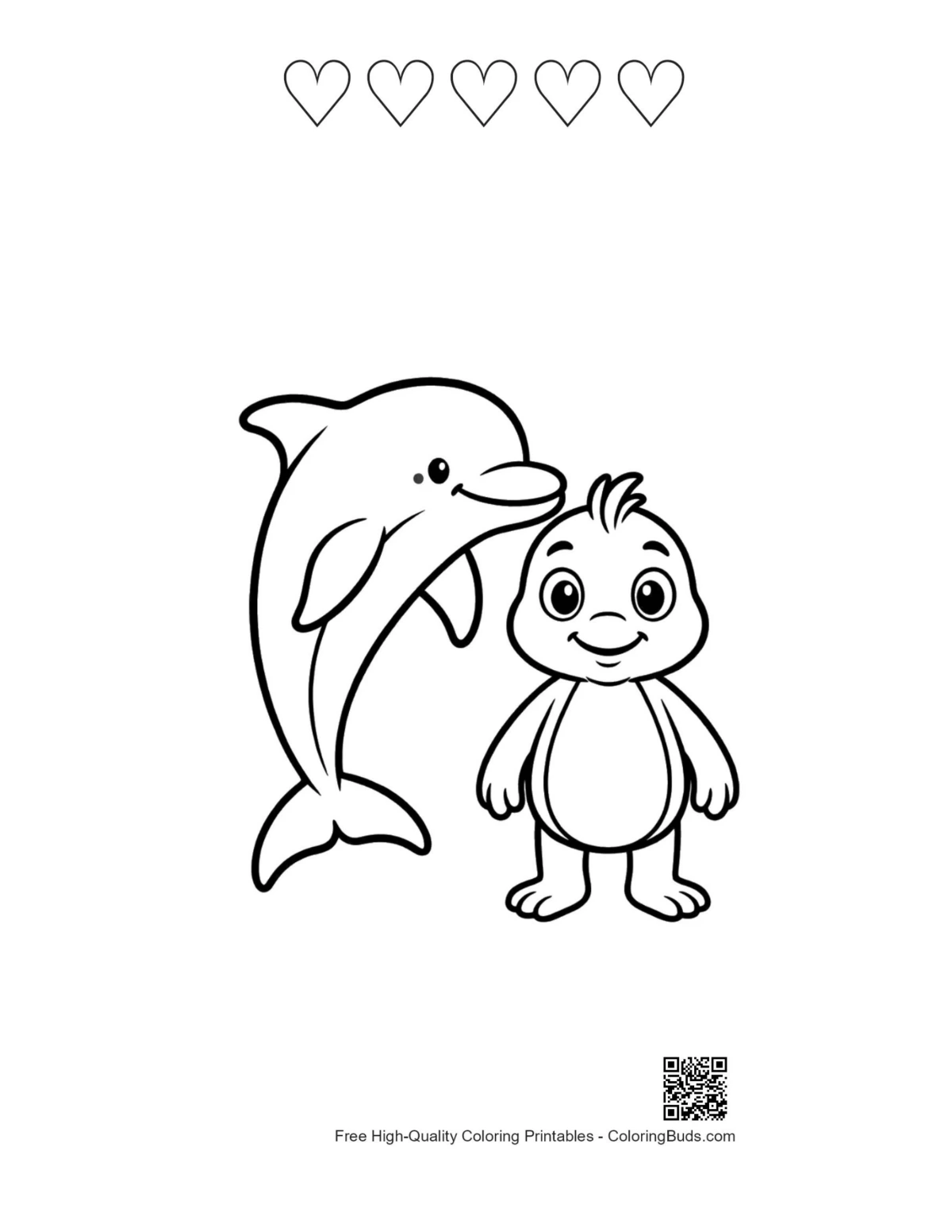 Cute dolphin duckling friends with 5 heart outlines printable