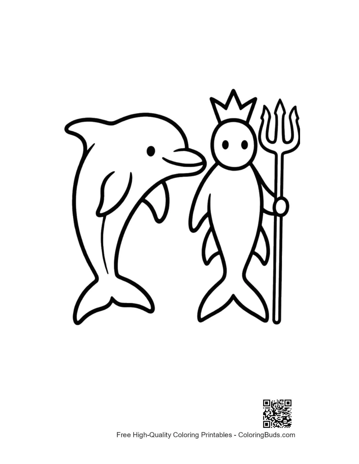 Outline drawing of dolphin with King Neptune
