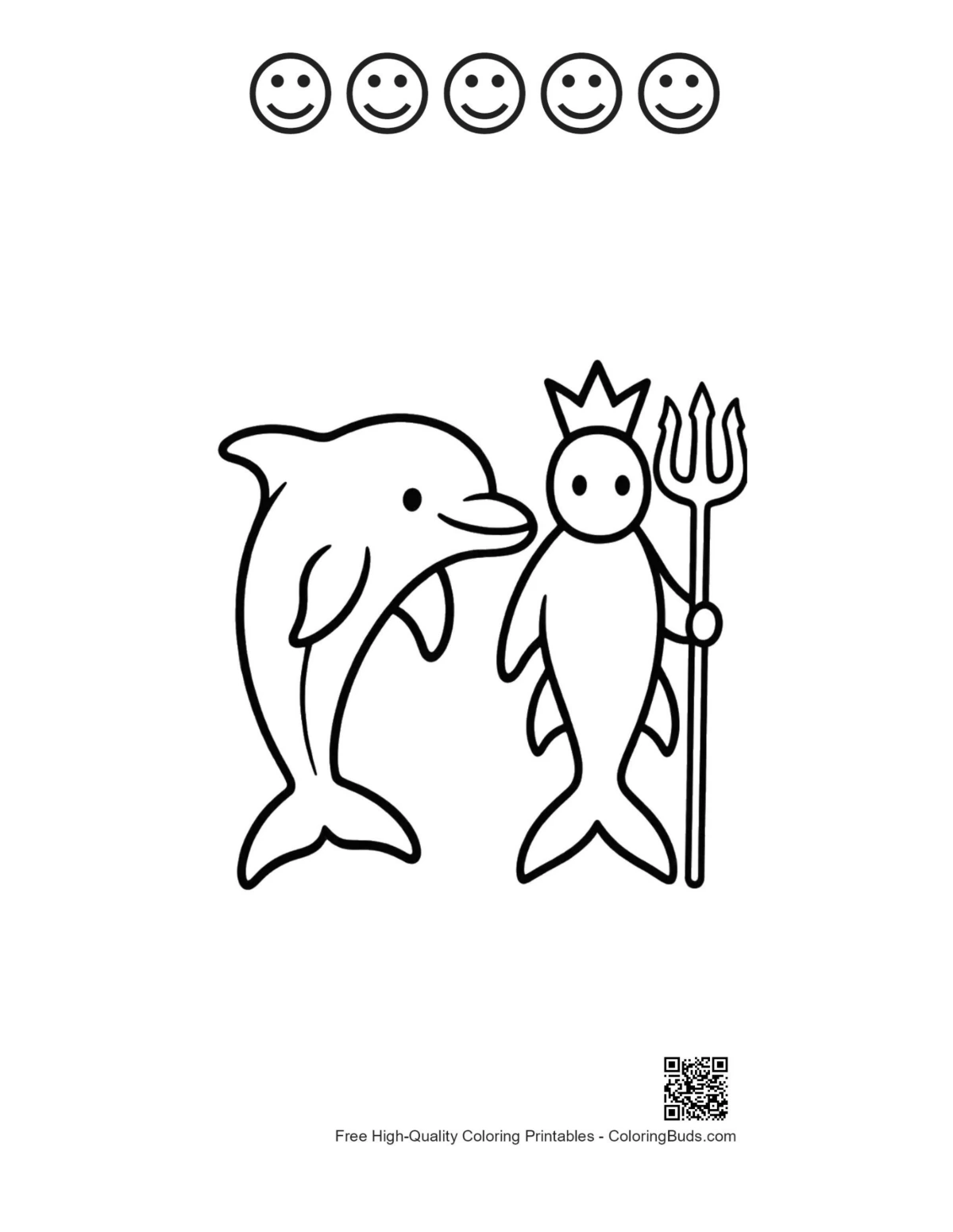 Printable dolphin outline with King Neptune and happy faces