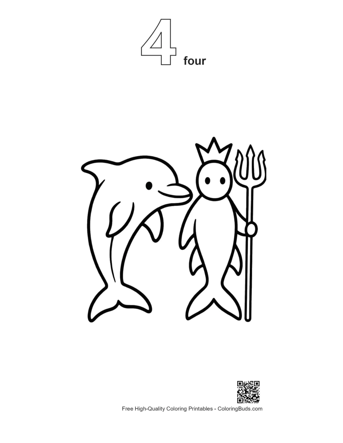 Number 4 outline in dolphin King Neptune printable
