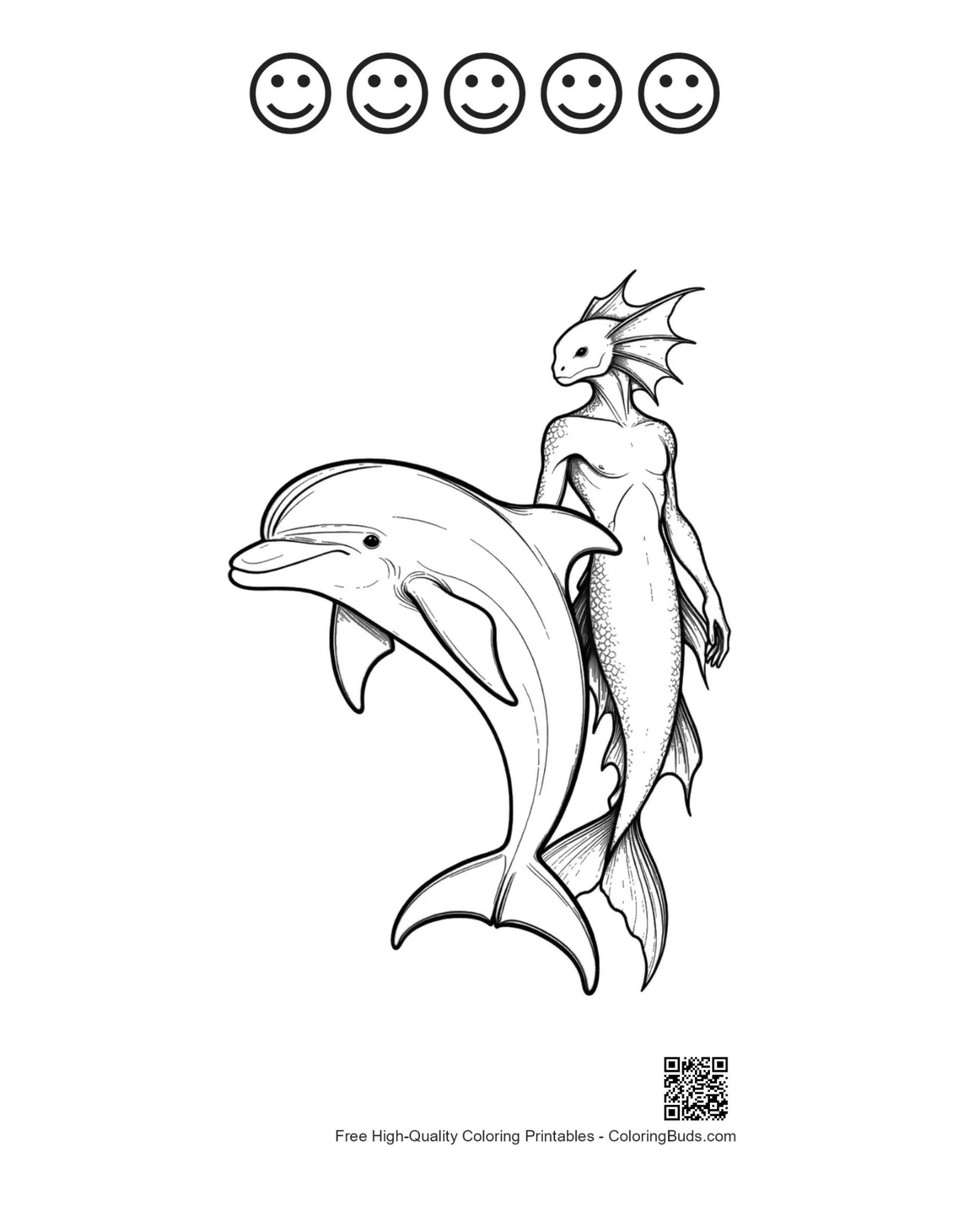 Dolphin mermaid line art with 5 happy faces