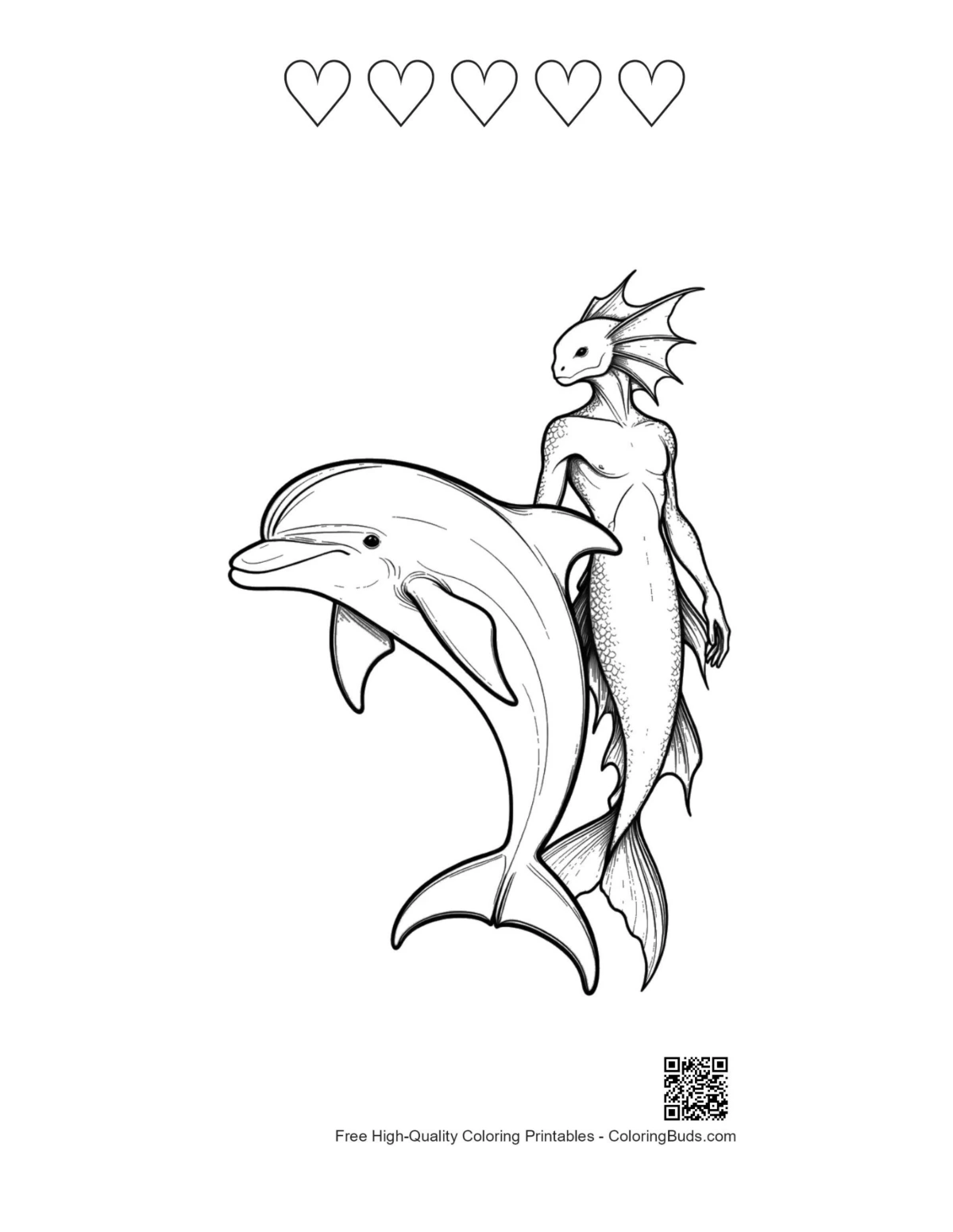 Printable dolphin mermaid duo 5 heart outlines