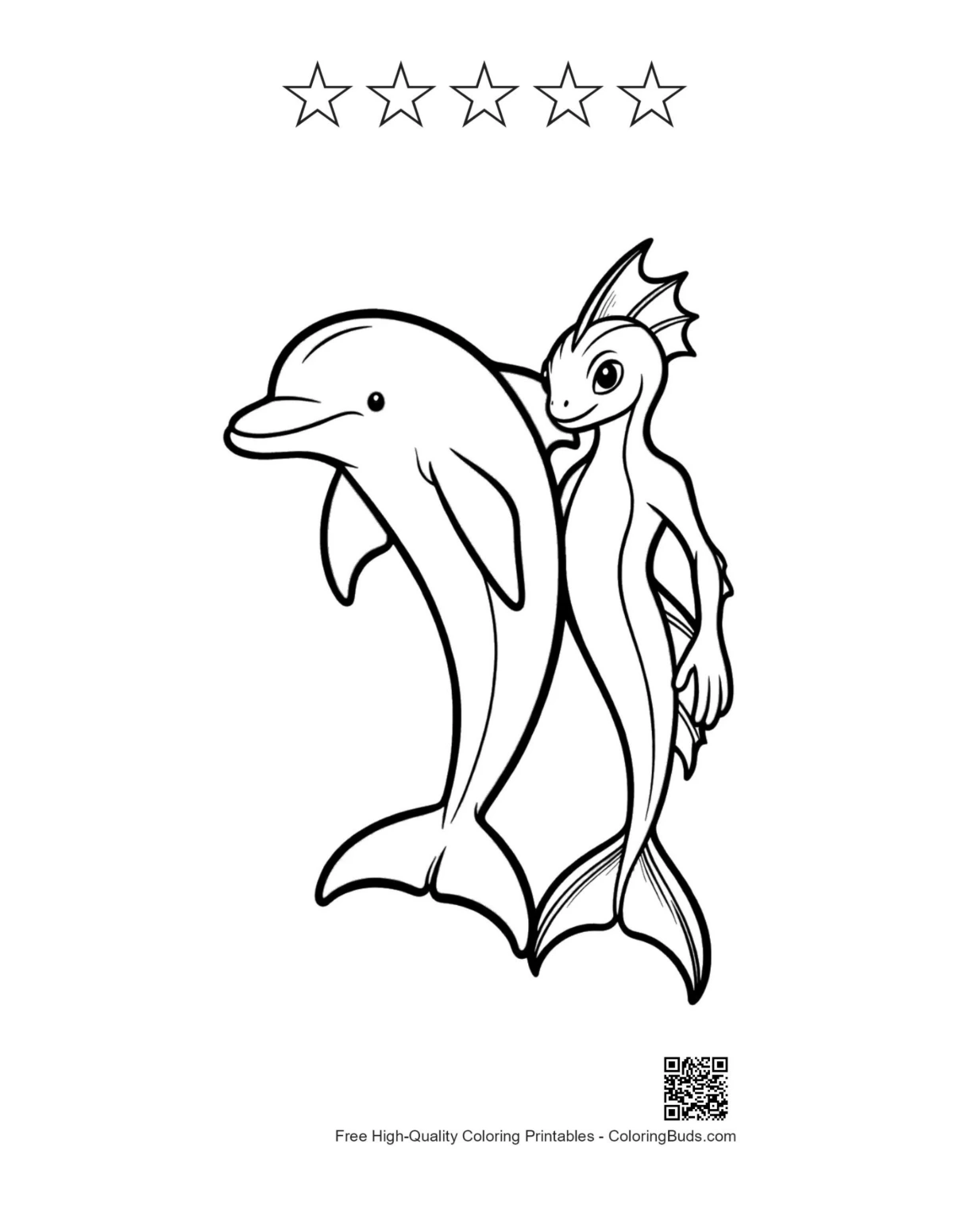 Dolphin mermaid with 5-star outline printable