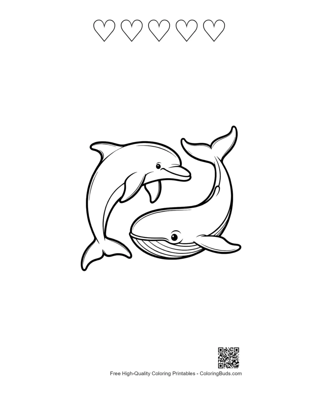 Dolphin whale embrace printable 5 heart outlines