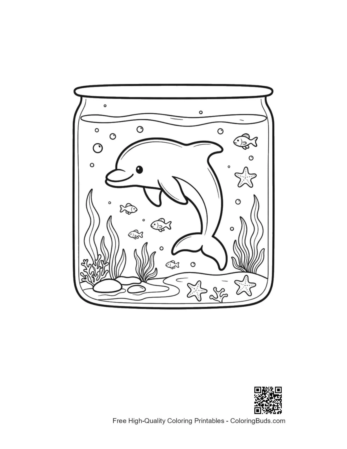 Cute dolphin calf in tall glass jar printable coloring page