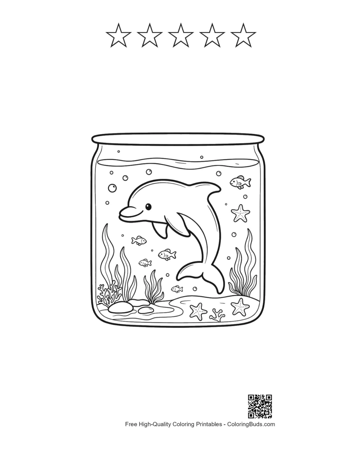 Dolphin calf jar with 5 star outline printable page