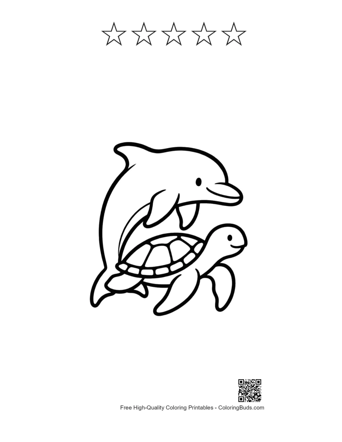 Dolphin carrying baby turtle with 5-star outline printable