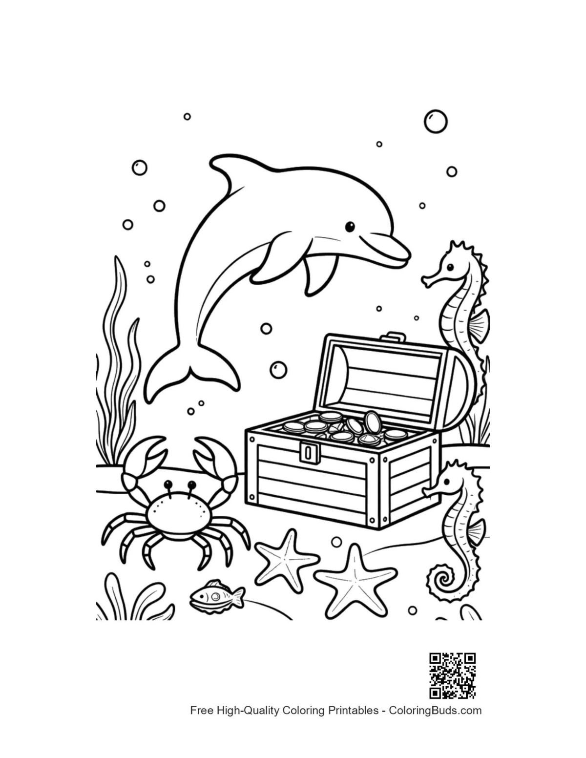 Dolphin guardian over gold chest printable coloring page