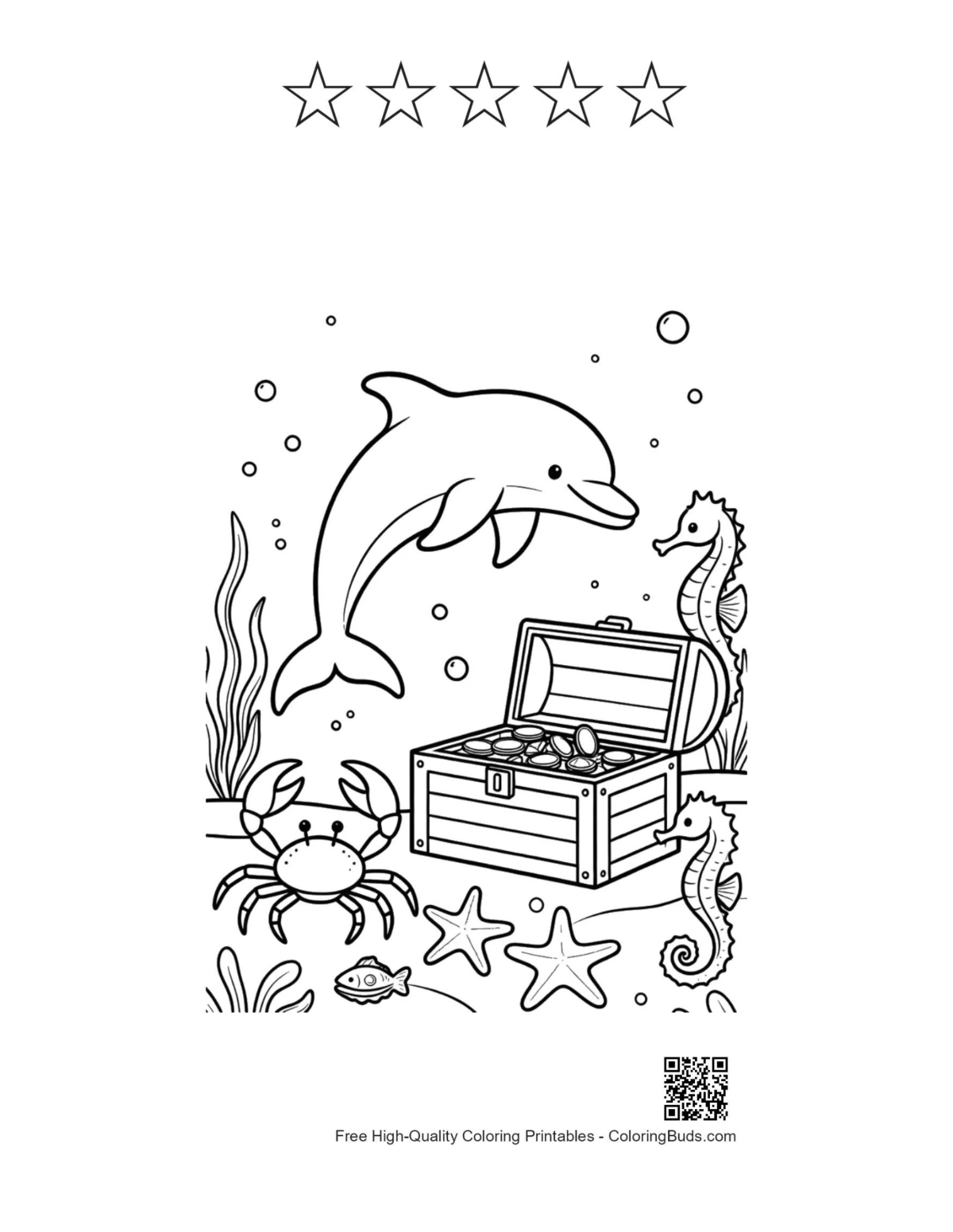 Dolphin gold chest with 5 star outline printable