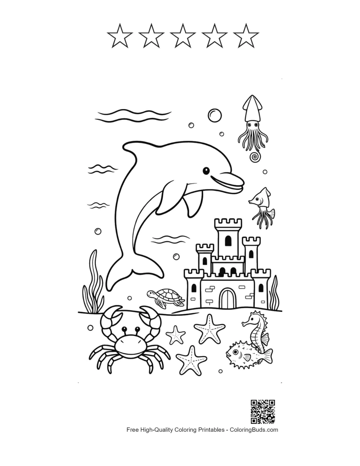 Dolphin sea castle with 5 stars outline printable