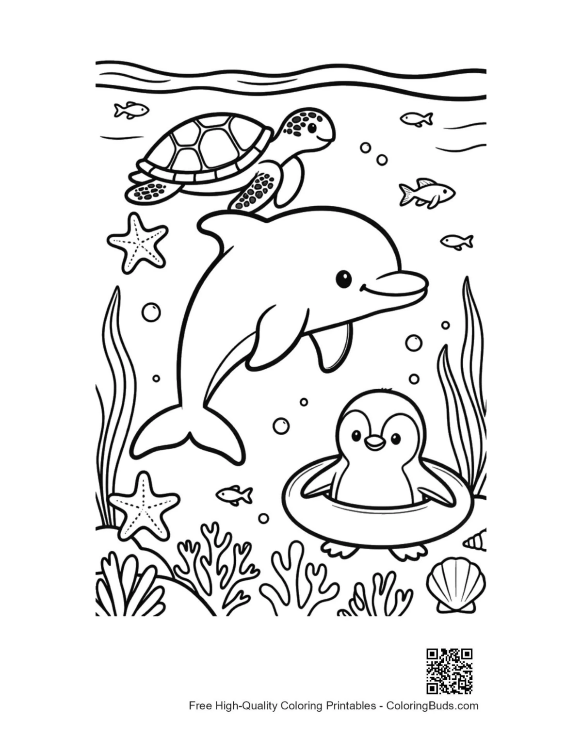 Jumping dolphin over penguin in floating ring coloring page