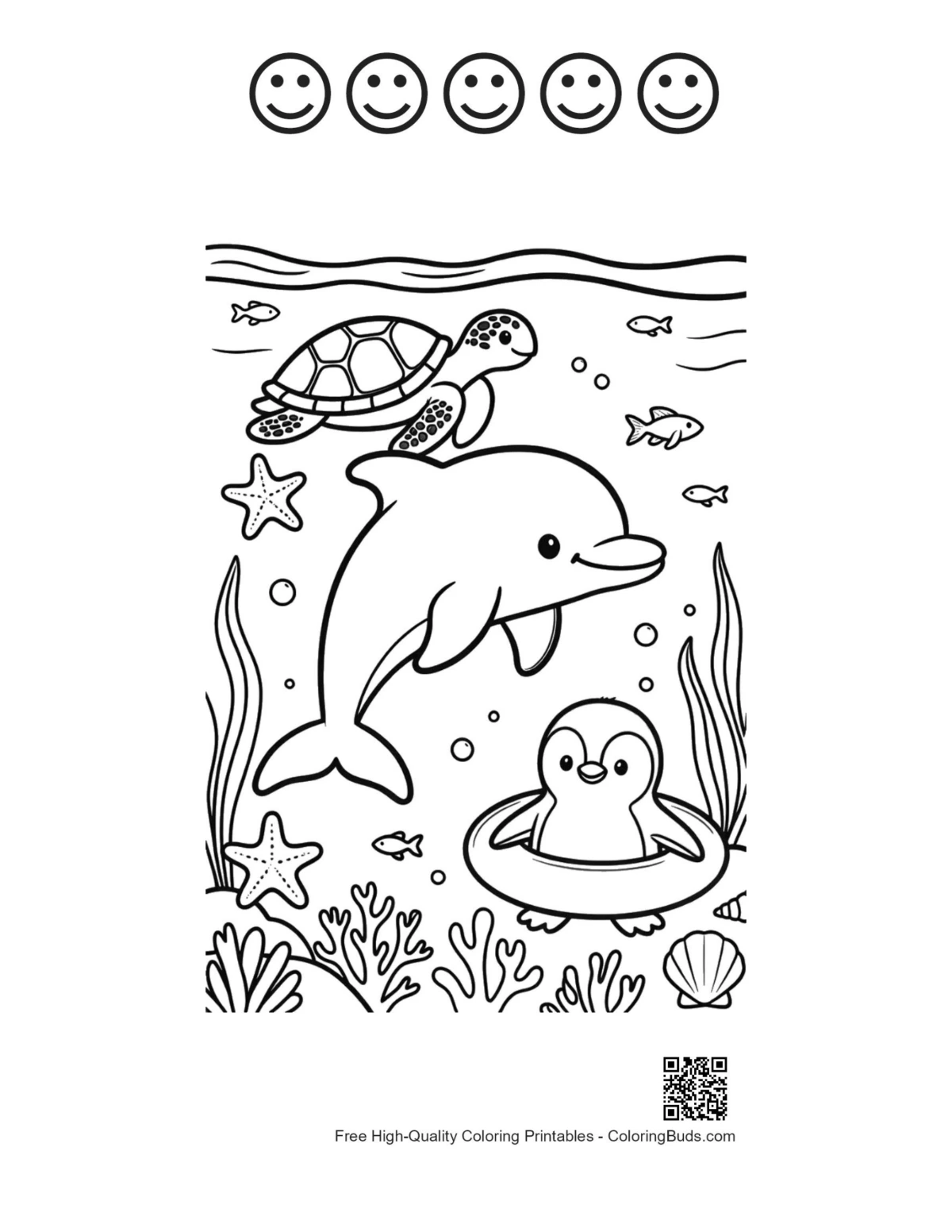 Jumping dolphin with 5 happy face outlines printable