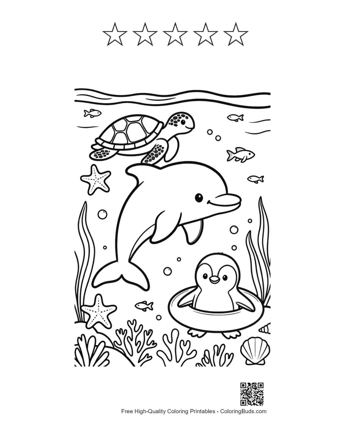 Jumping dolphin printable with 5 star outlines