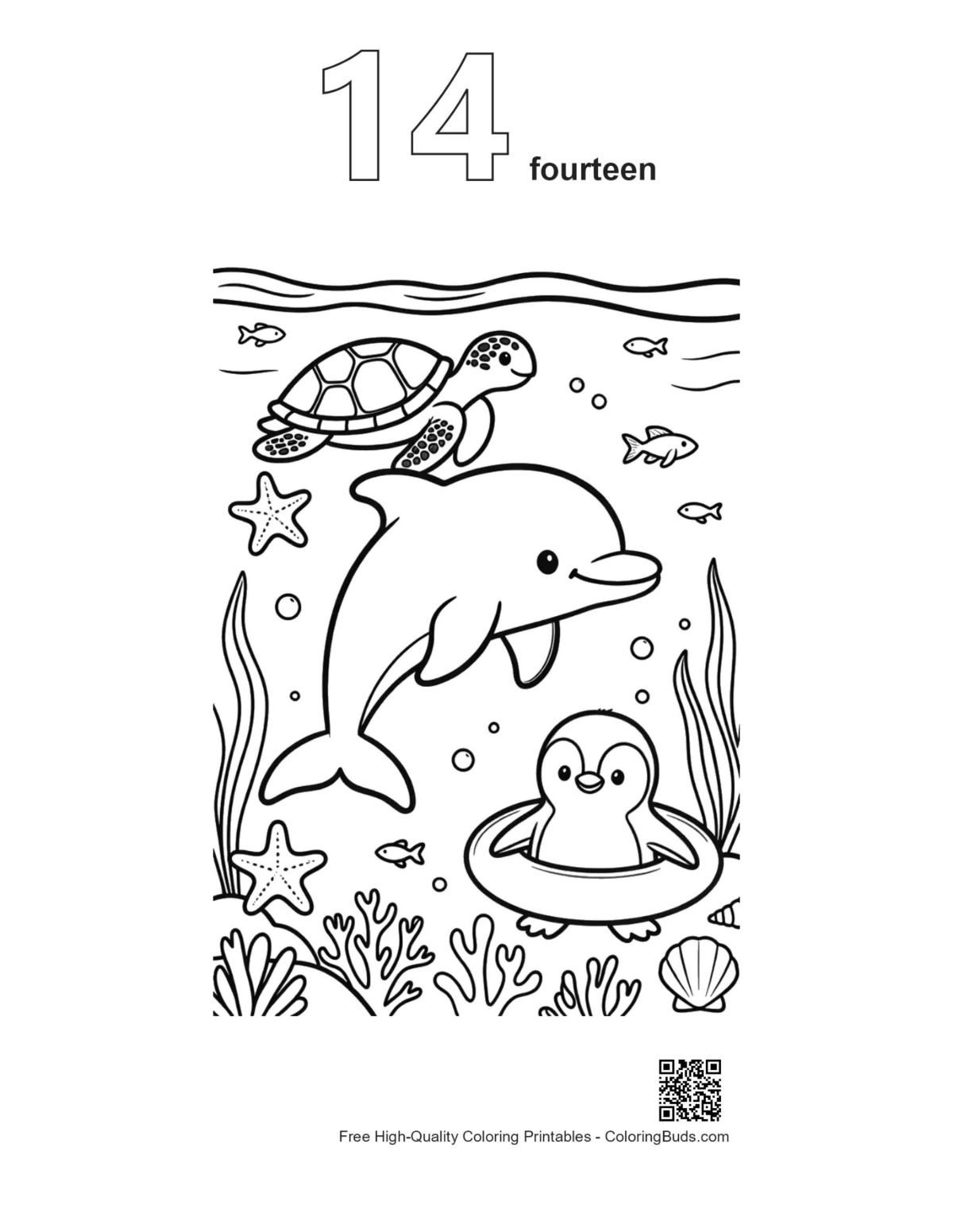 Number 14 outline jumping dolphin over penguin printable
