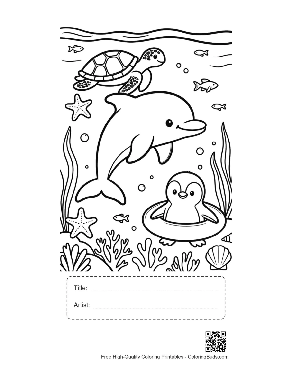 Jumping dolphin printable with title and artist box