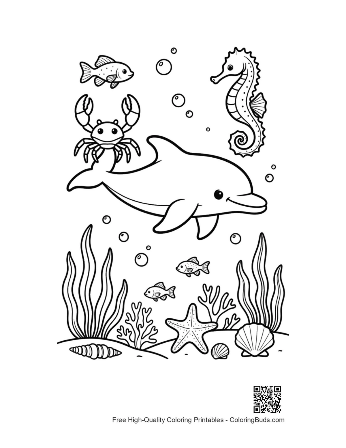 Printable jumping dolphin over stingray tropical ocean coloring page