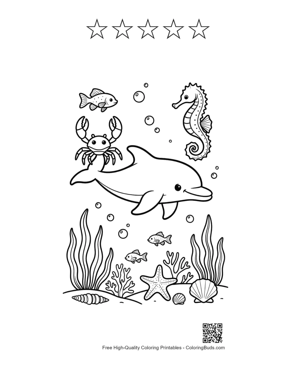 Printable dolphin over stingray with 5 star outlines tropical ocean
