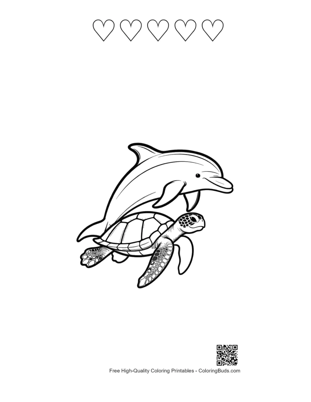 Dolphin leaping turtle hearts outline page