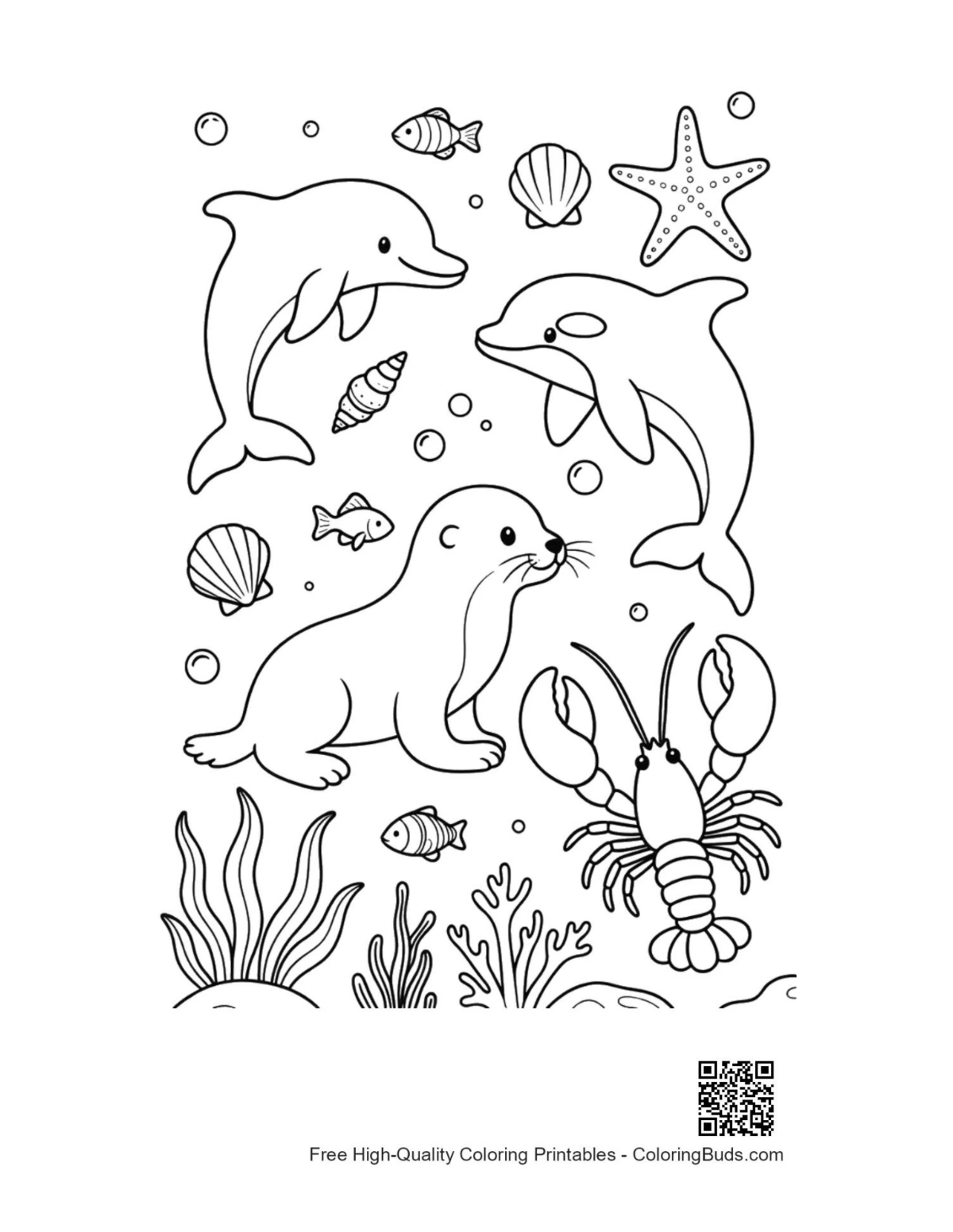 Jumping dolphin over baby seal lobster coloring page