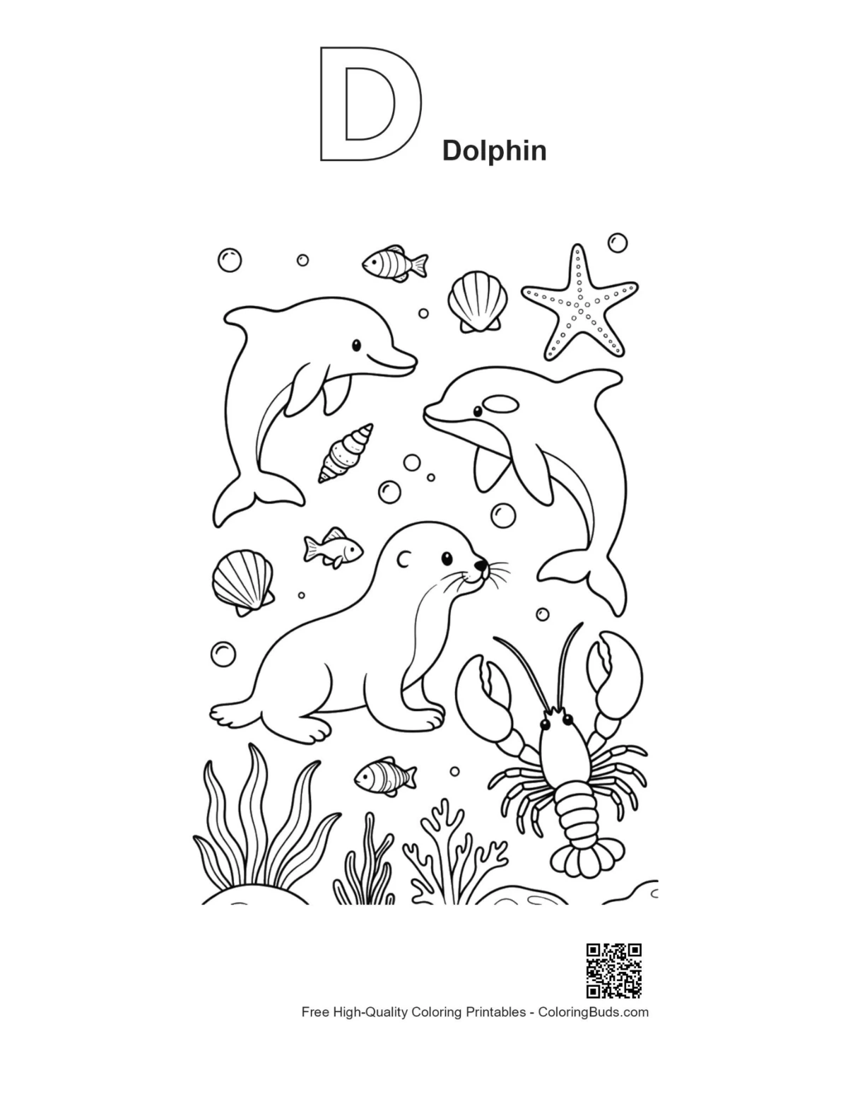Outline alphabet D dolphin jumping over seal lobster