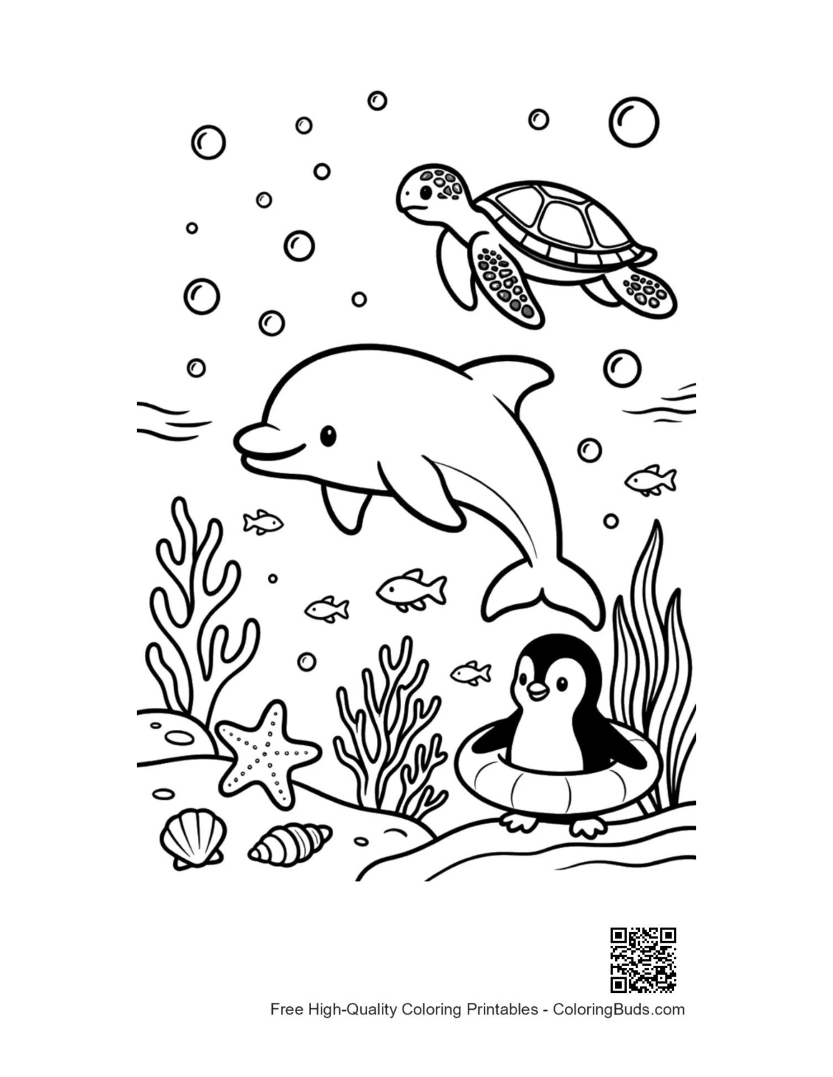 Jumping dolphin over penguin lifebuoy coloring printable