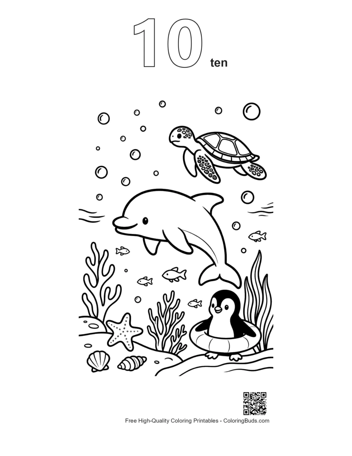 Number 10 outline dolphin leaping over penguin lifebuoy