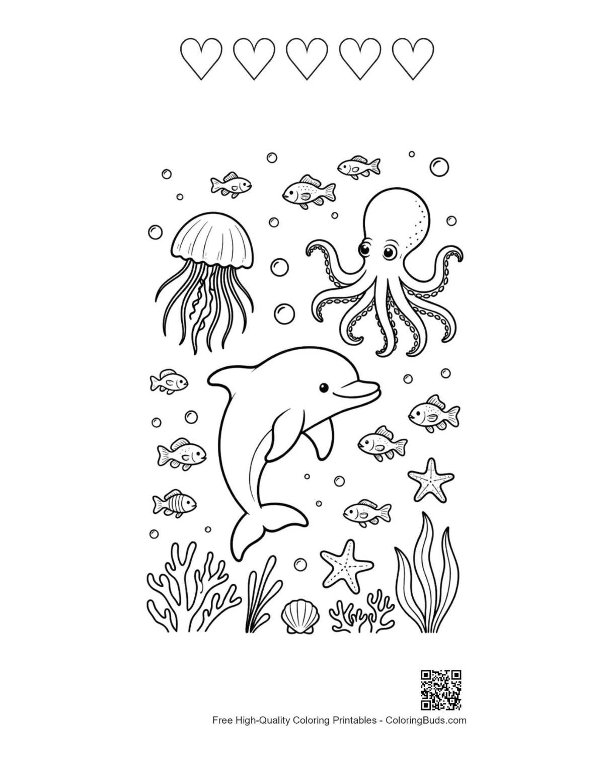 Deep sea dolphin printable 5 hearts outline