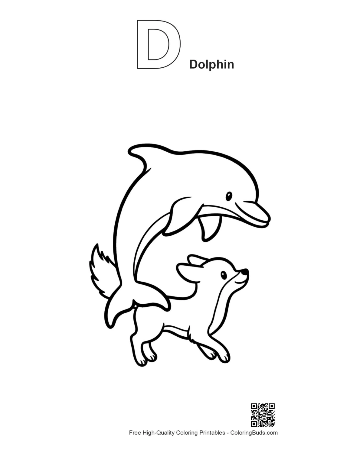 Outline jumping dolphin chihuahua alphabet D printable