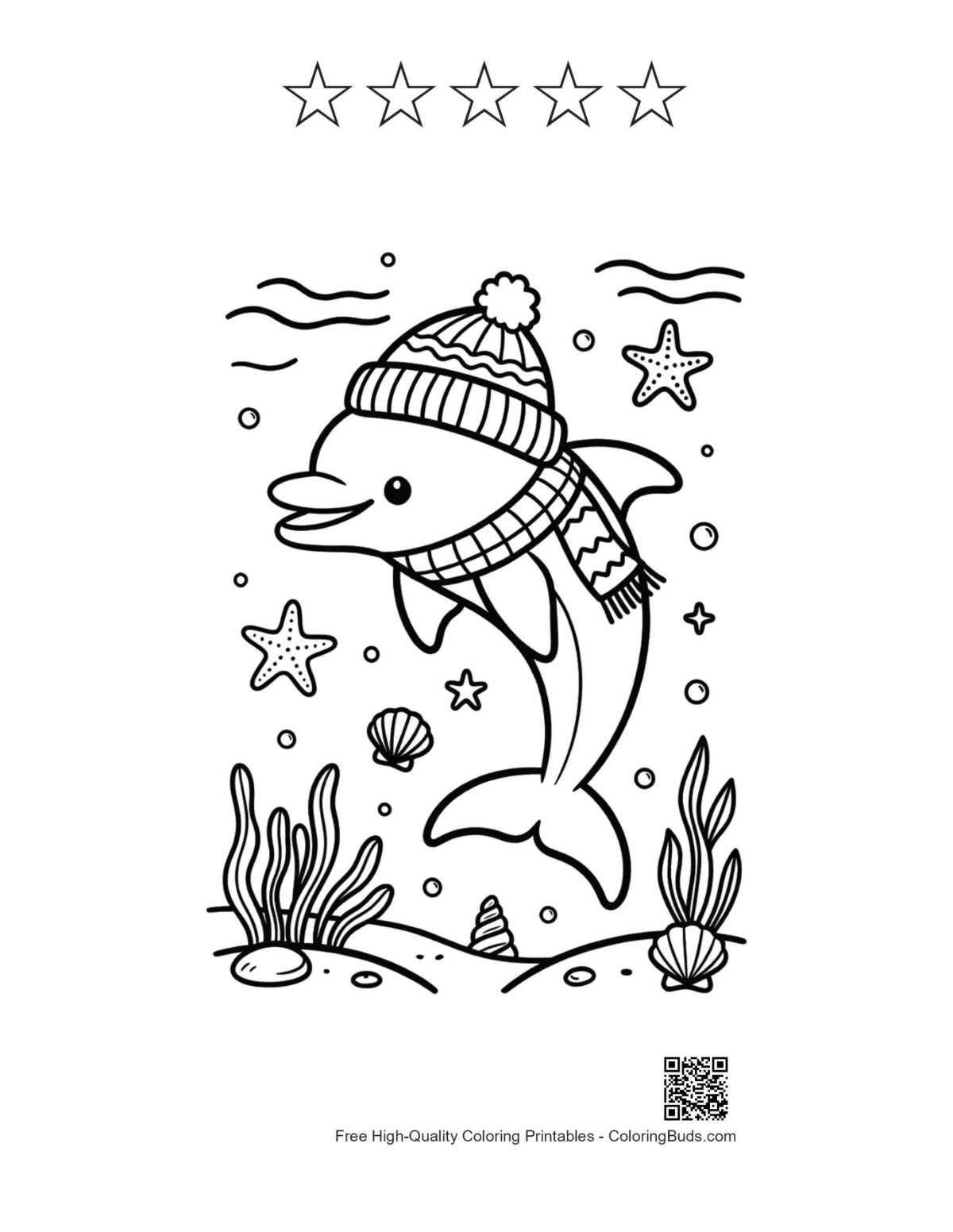 Dolphin sea life printable with 5 star outlines for kids