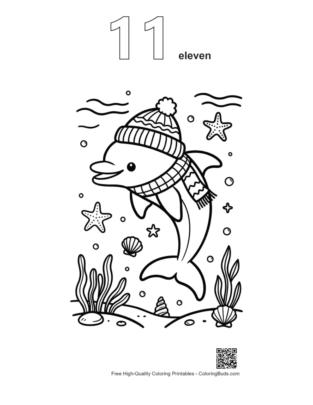 Number 11 dolphin sea life outline printable for kids